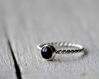 Sterling Silver Onyx Stacking Ring, patterned, rope, stackable 6mm cabochon, Made To Order