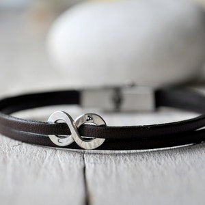 Leather bracelet sterling silver or aluminium and leather with personalised writing, Mens and Unisex, leather anniversary gift image 2