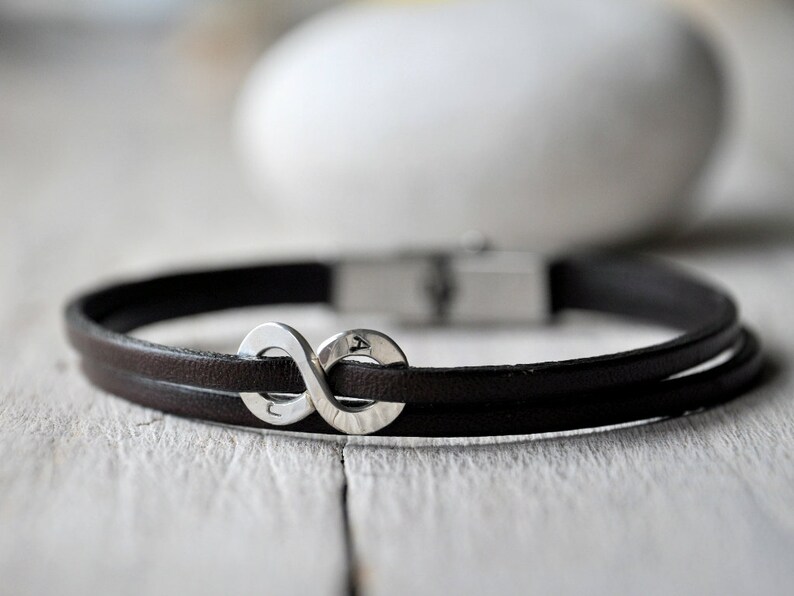 Leather bracelet sterling silver or aluminium and leather with personalised writing, Mens and Unisex, leather anniversary gift image 2