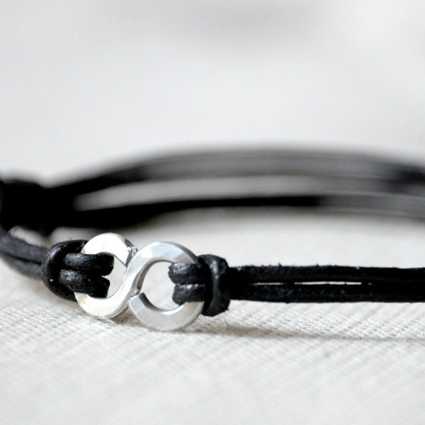 For Him Infinity Bracelet - Black Leather and Aluminium - Men and Unisex bracelet - Made to Order