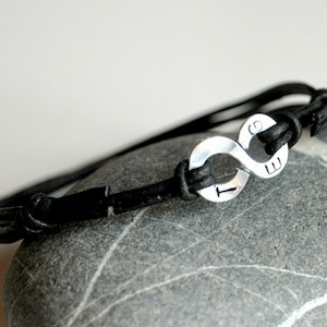 Personalized Infinity Bracelet - Leather with CUSTOM Initials or numbers on Aluminium wire - Mens and Unisex - made to order