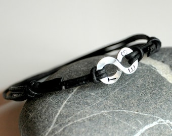 Personalized Infinity Bracelet - Leather with CUSTOM Initials or numbers on Aluminium wire - Mens and Unisex - made to order