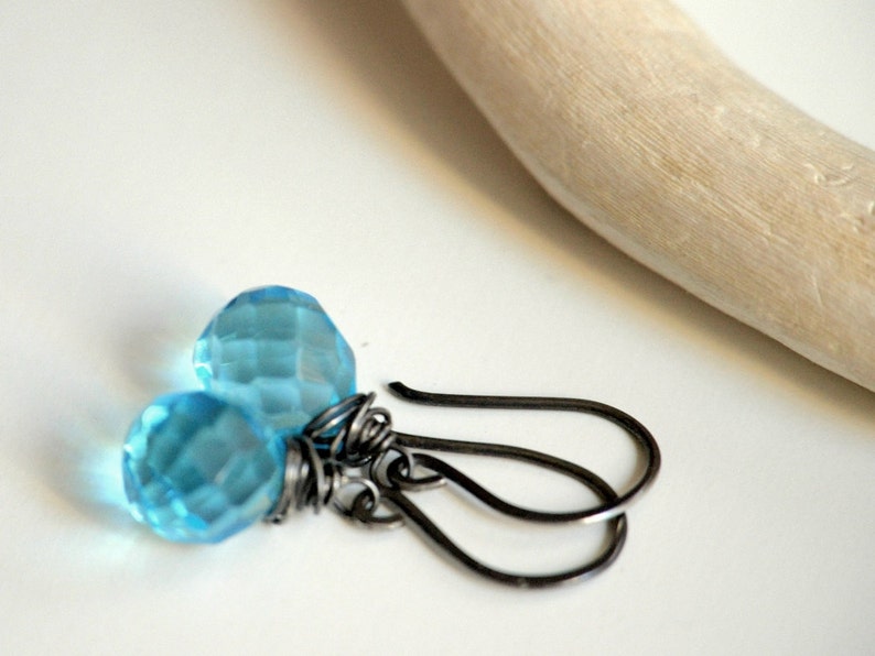 Silver Aqua Earrings Oxidized sterling silver and Czech Glass blue teardrop beads ready to ship image 2