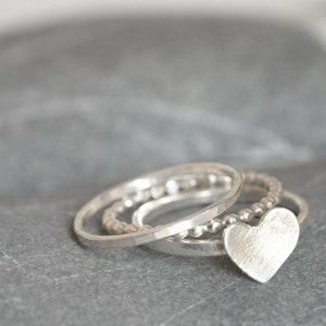 Stacking Rings Set of THREE - Sterling Silver Heart, Full-Beaded ring and a simple band - Made To Order