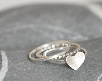 Stacking Rings Set of THREE - Sterling Silver Heart, Full-Beaded ring and a simple band - Made To Order