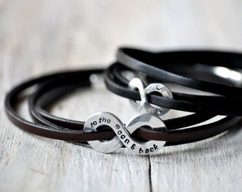 RESERVED - Sterling Silver Personalized Infinity Bracelets. TWO: one regular and one XL charm; leather, anniversary.