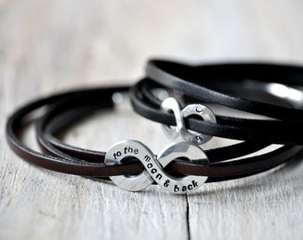 Personalized Sterling Silver Infinity Leather Bracelet Set