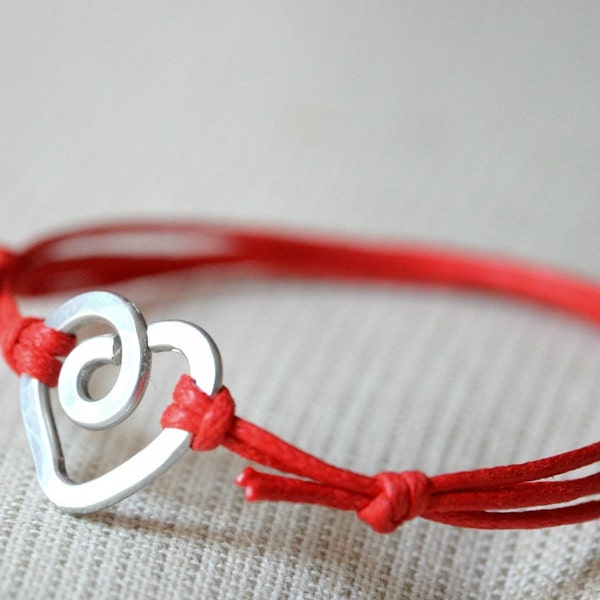 Heart Red Bracelet, Aluminium wire and waxed cotton, vegan friendly jewelry