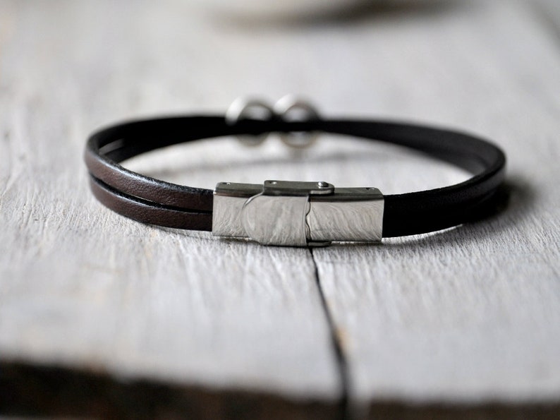 Leather bracelet sterling silver or aluminium and leather with personalised writing, Mens and Unisex, leather anniversary gift image 8