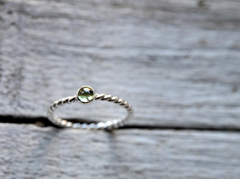 Sterling Silver Peridot Stacking Ring, patterned, rope, stackable 4mm cabochon, Made To Order image 2
