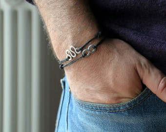 Two Bracelets for Him - Aluminium wire and black waxed cotton - Men and Unisex - Vegan friendly