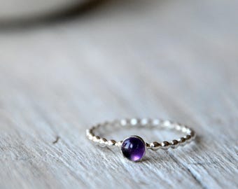 Sterling Silver Amethyst Stacking Ring, beaded, stackable 4mm cabochon, Made To Order