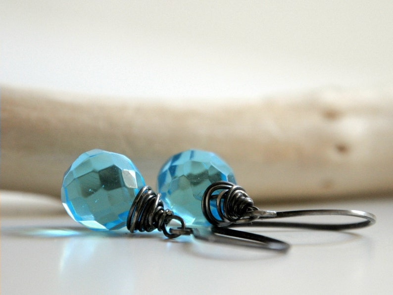 Silver Aqua Earrings Oxidized sterling silver and Czech Glass blue teardrop beads ready to ship image 4