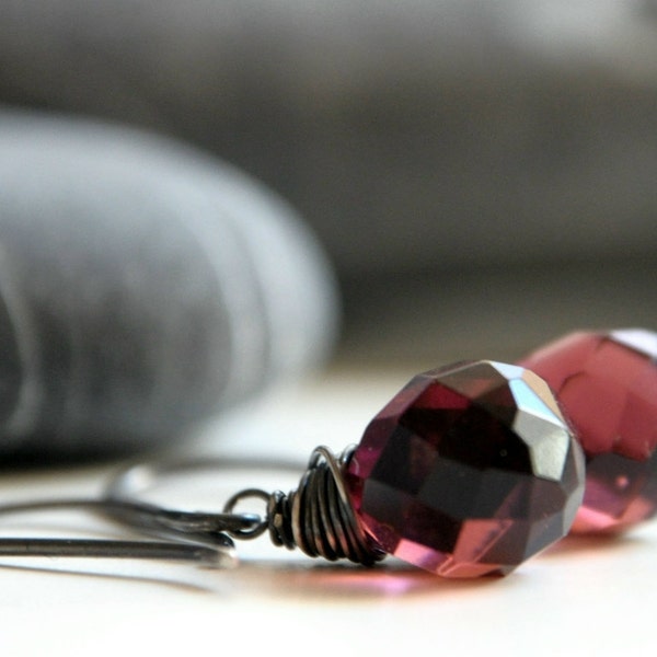 Silver Raspberry Earrings - Oxidized sterling silver and Czech Glass pink teardrop beads - burgundy wine red