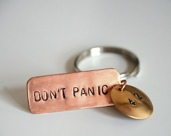 Keychain 42 Don't Panic - Copper and brass