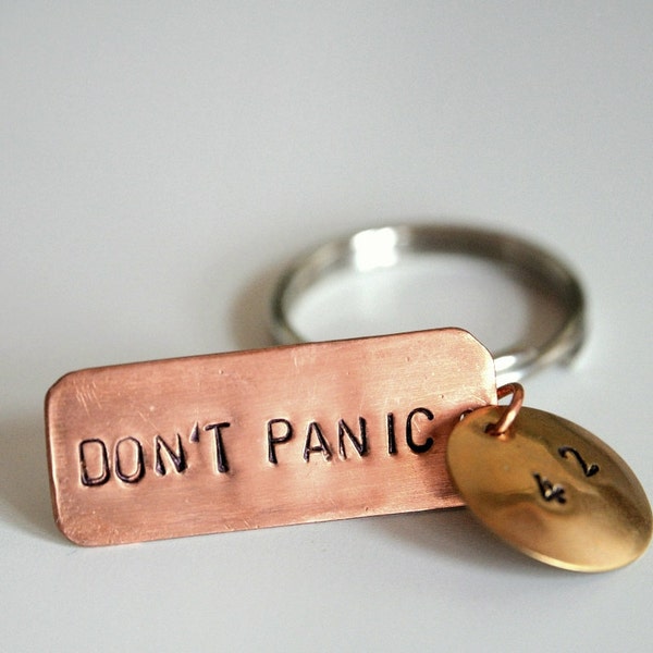 Keychain 42 Don't Panic - Copper and brass