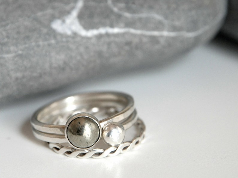 Set of THREE stacking rings sterling silver and pyrite cabochon made to order image 2