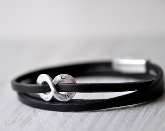 Personalized Infinity Leather Wrap Bracelet: Stamped Initials, Sterling Silver or Aluminum