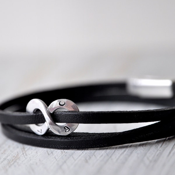 Personalized Infinity Leather Bracelet, aluminium or sterling silver, Initials or Numbers, Leather Anniversary gift for him or unisex