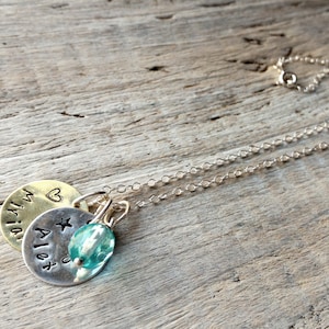 Personalized Sterling Silver Pendant Necklace, with silver and brass charms, Czech glass bead
