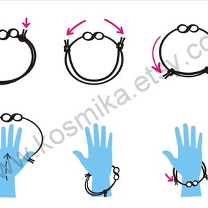 May include: A step-by-step guide on how to tie a friendship bracelet with two black beads. The first three steps show how to tie the bracelet around the wrist. The last three steps show how to tie the bracelet around the wrist with the beads on the outside.