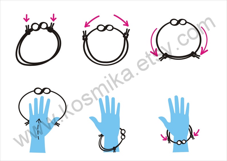 May include: A step-by-step guide on how to tie a friendship bracelet with two black beads. The first three steps show how to tie the bracelet around the wrist. The last three steps show how to tie the bracelet around the wrist with the beads on the outside.