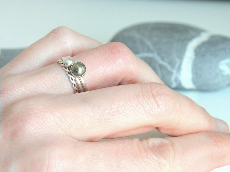 Set of THREE stacking rings sterling silver and pyrite cabochon made to order image 3