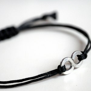 For Him Infinity Bracelet with Square Knot Aluminium and black waxed cotton Men and Unisex bracelet Vegan friendly image 1