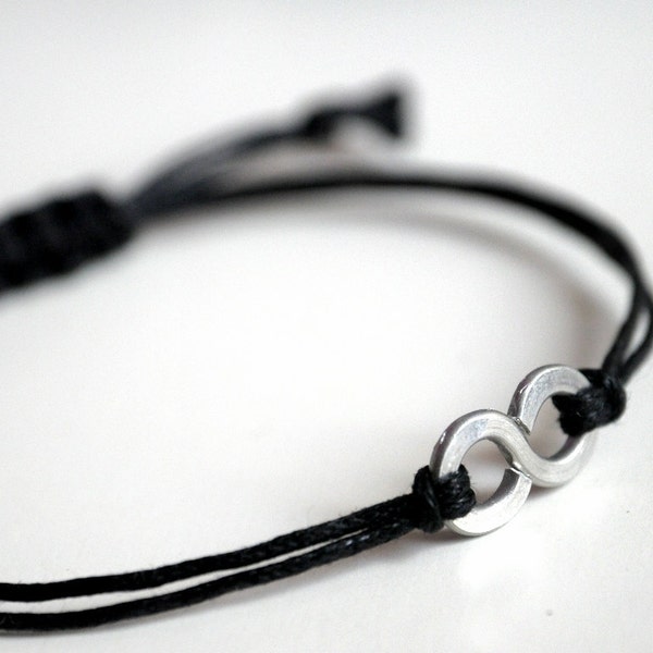For Him Infinity Bracelet  with Square Knot - Aluminium and black waxed cotton - Men and Unisex bracelet - Vegan friendly