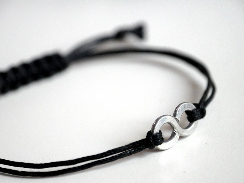 For Him Infinity Bracelet with Square Knot Aluminium and black waxed cotton Men and Unisex bracelet Vegan friendly image 1