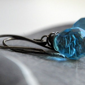 Silver Aqua Earrings Oxidized sterling silver and Czech Glass blue teardrop beads ready to ship image 5