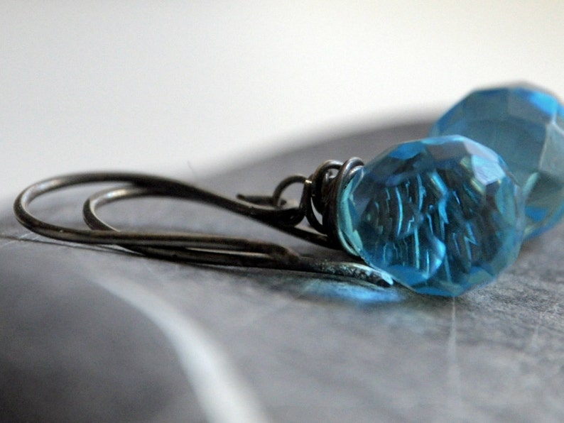 Silver Aqua Earrings Oxidized sterling silver and Czech Glass blue teardrop beads ready to ship image 5