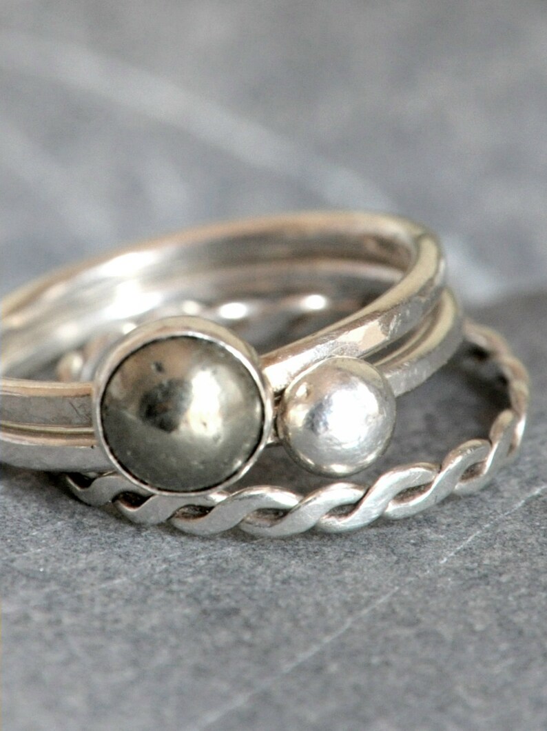 Set of THREE stacking rings sterling silver and pyrite cabochon made to order image 5