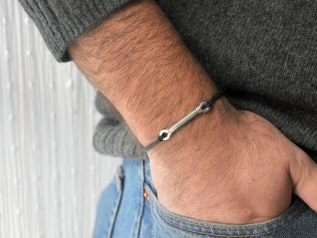 Hammered Silver Chain and Black Leather Bracelet Men - Think-Positive