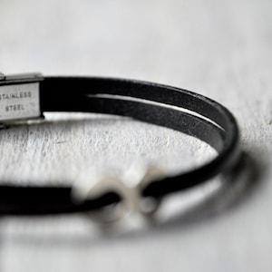 Leather bracelet sterling silver or aluminium and leather with personalised writing, Mens and Unisex, leather anniversary gift image 6