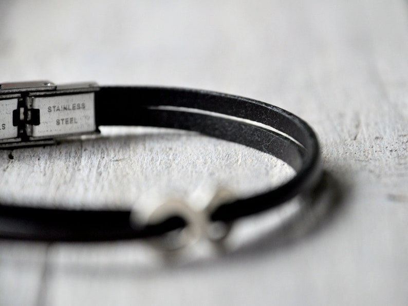 Leather bracelet sterling silver or aluminium and leather with personalised writing, Mens and Unisex, leather anniversary gift image 6