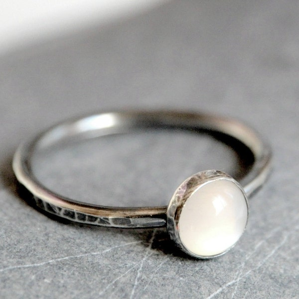 Oxidized sterling silver ring - stacking ring with 6mm Moonstone cabochon - MADE TO ORDER