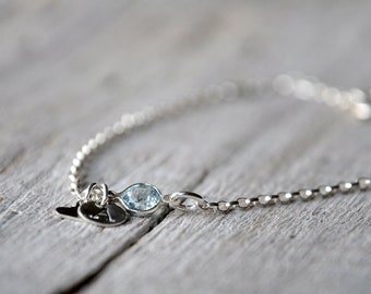 Charms Bracelet Sterling Silver, topaz, sky blue, initials, heart shape charm and handmade or commercial clasp.