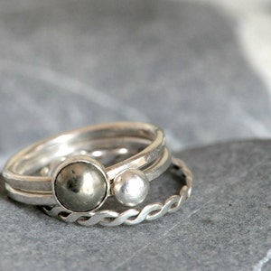 Set of THREE stacking rings - sterling silver and pyrite cabochon - made to order