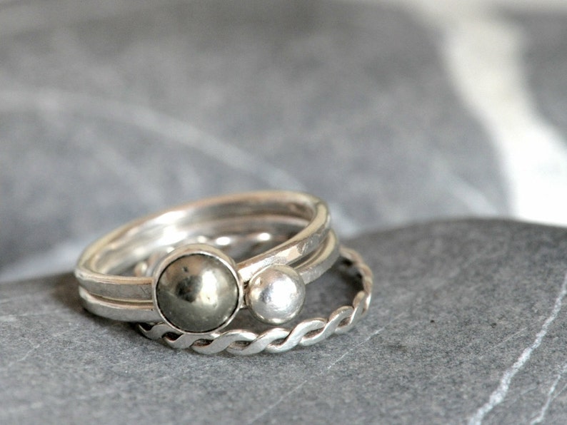 Set of THREE stacking rings sterling silver and pyrite cabochon made to order image 1