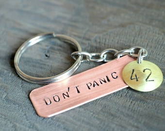 Don't Panic Keychain 42 - big 42 - Copper, brass and steel chain