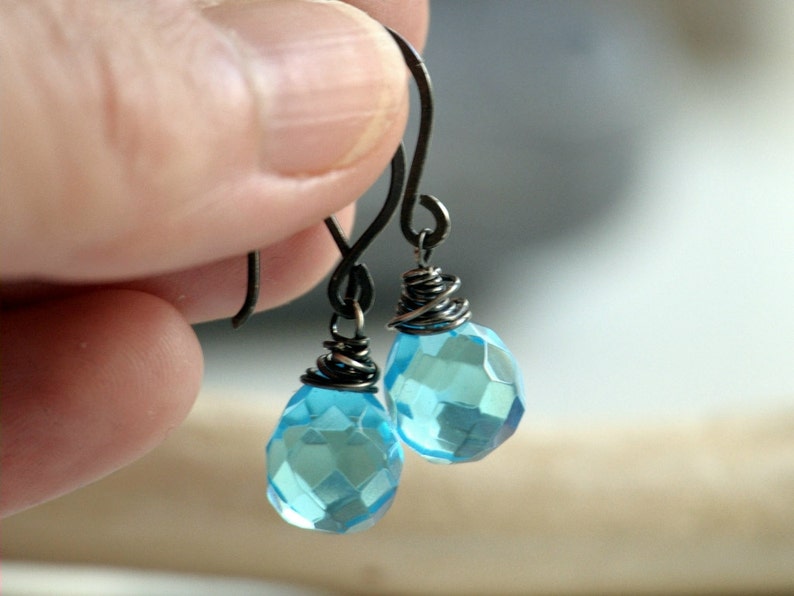 Silver Aqua Earrings Oxidized sterling silver and Czech Glass blue teardrop beads ready to ship image 3