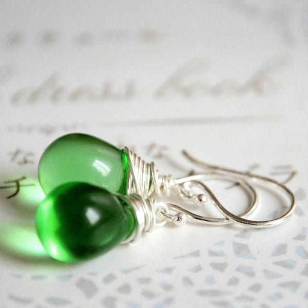 Green Drops Earrings -  Sterling Silver and Czech Glass