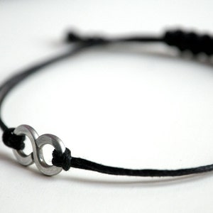 For Him Infinity Bracelet with Square Knot Aluminium and black waxed cotton Men and Unisex bracelet Vegan friendly image 2