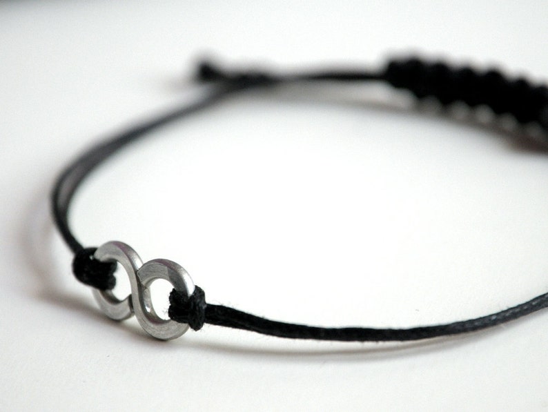 For Him Infinity Bracelet with Square Knot Aluminium and black waxed cotton Men and Unisex bracelet Vegan friendly image 2