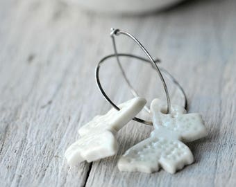 White Butterfly Earrings, Sterling Silver Hoops, Porcelain Clay