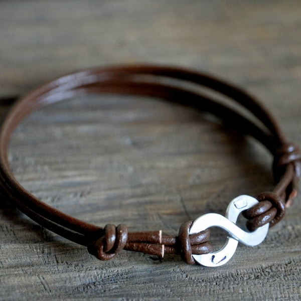 Infinity Bracelet with initials, Leather with PERSONALIZED stamping on Aluminium, Mens and Unisex, Anniversary or Valentine's gift