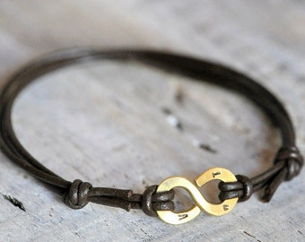 Personalized Infinity Bracelet - Brass personalised initials or numbers - Mens and Unisex Leather anniversary gift for him or for a couple