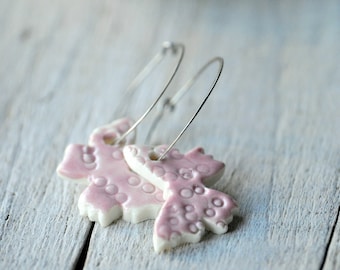 Pink Butterfly Earrings, Sterling Silver Hoops, Porcelain Clay