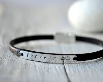 Personalized leather bracelet, aluminium and leather with personalised writing, Mens and Unisex, leather anniversary gift